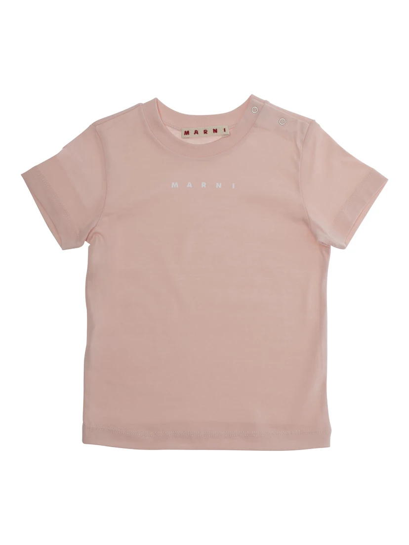 Pink Crewneck T-Shirt with Logo Lettering on the Front in Cotton Baby