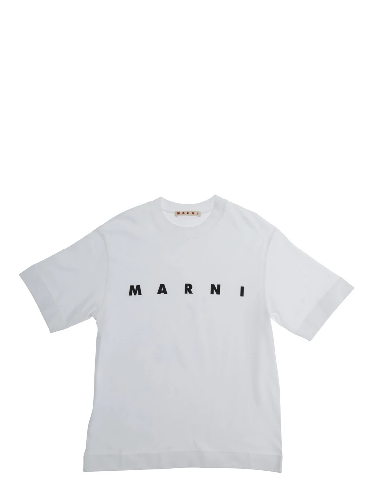 White Crewneck T-Shirt with Logo Lettering on the Front in Cotton Boy