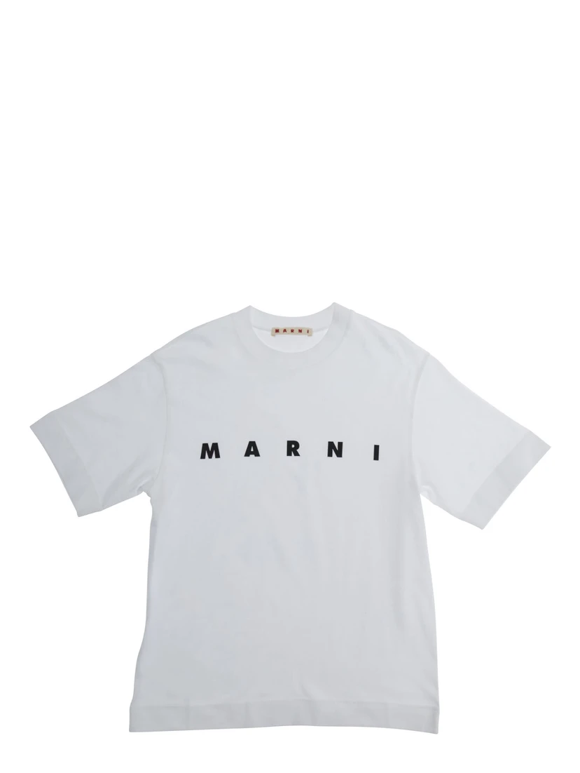 White Crewneck T-Shirt with Logo Lettering on the Front in Cotton Boy