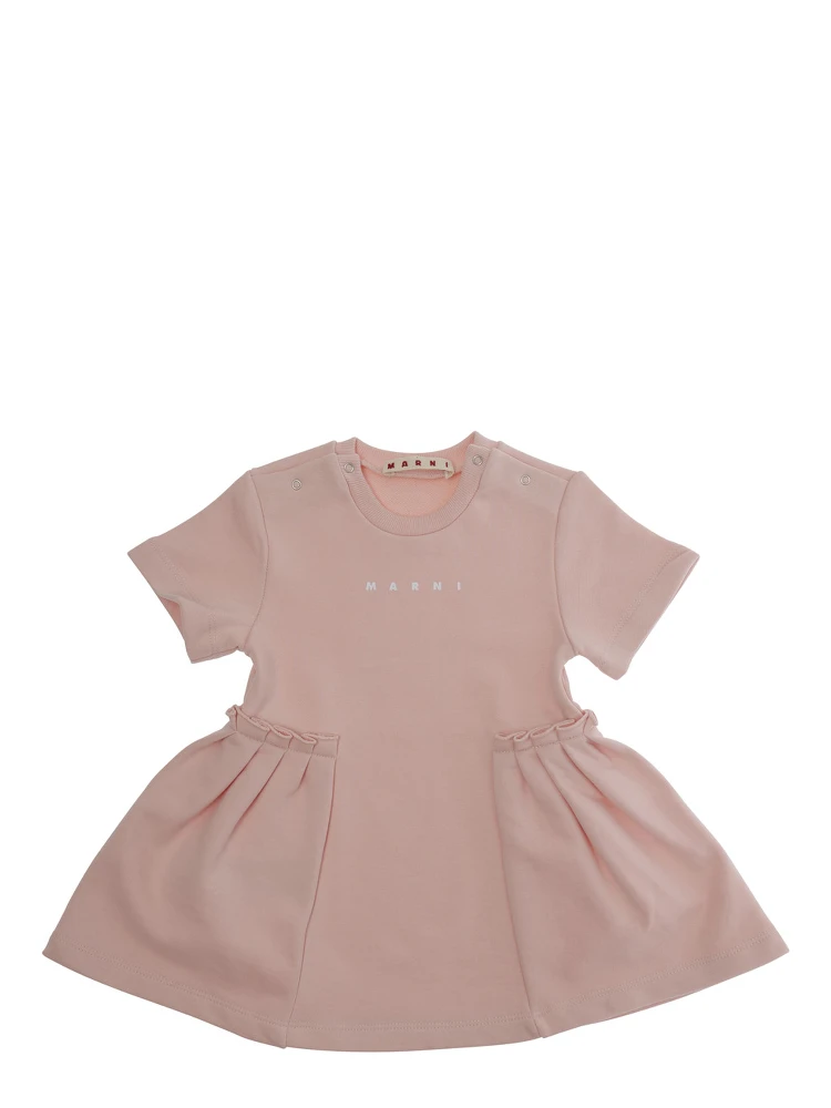 Pink Crewneck Dress with Logo Lettering on the Front and Puffed Skirt in Cotton Baby