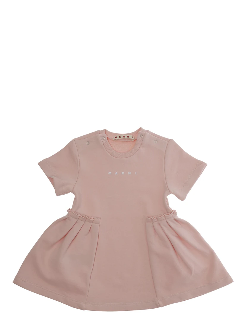 Pink Crewneck Dress with Logo Lettering on the Front and Puffed Skirt in Cotton Baby