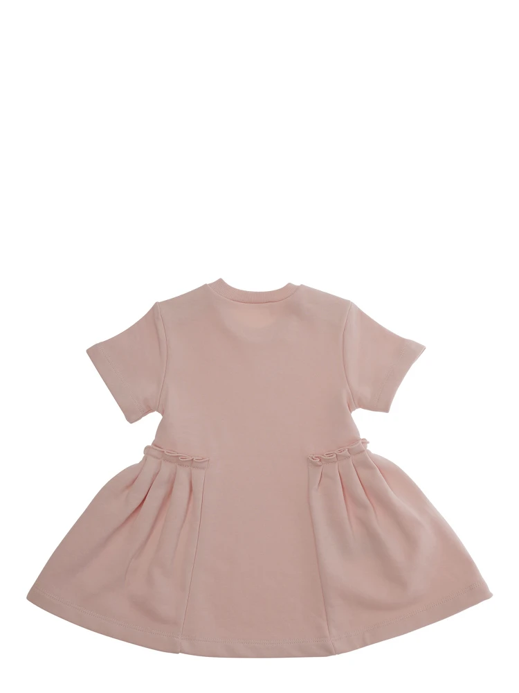 Pink Crewneck Dress with Logo Lettering on the Front and Puffed Skirt in Cotton Baby alternative