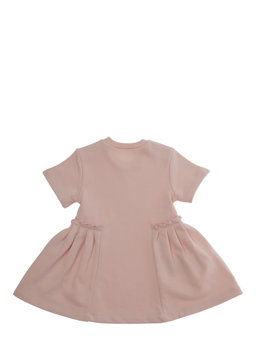 Pink Crewneck Dress with Logo Lettering on the Front and Puffed Skirt in Cotton Baby