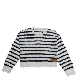 White Crewneck Sweater with Logo Patch on the Front and All-Over Striped Motif in Wool Bend Boy