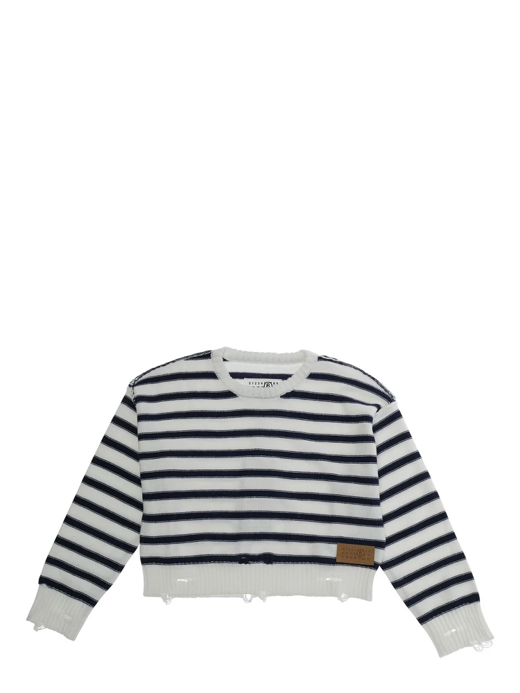 White Crewneck Sweater with Logo Patch on the Front and All-Over Striped Motif in Wool Bend Boy