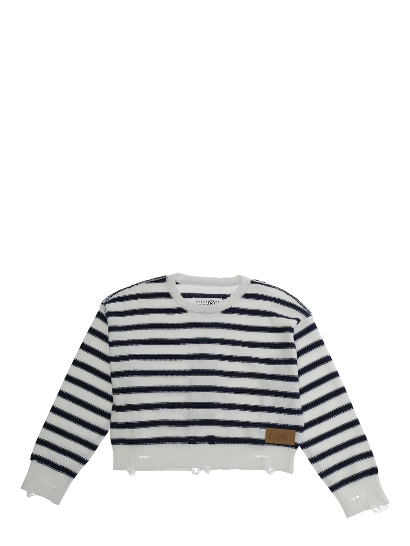 White Crewneck Sweater with Logo Patch on the Front and All-Over Striped Motif in Wool Bend Boy
