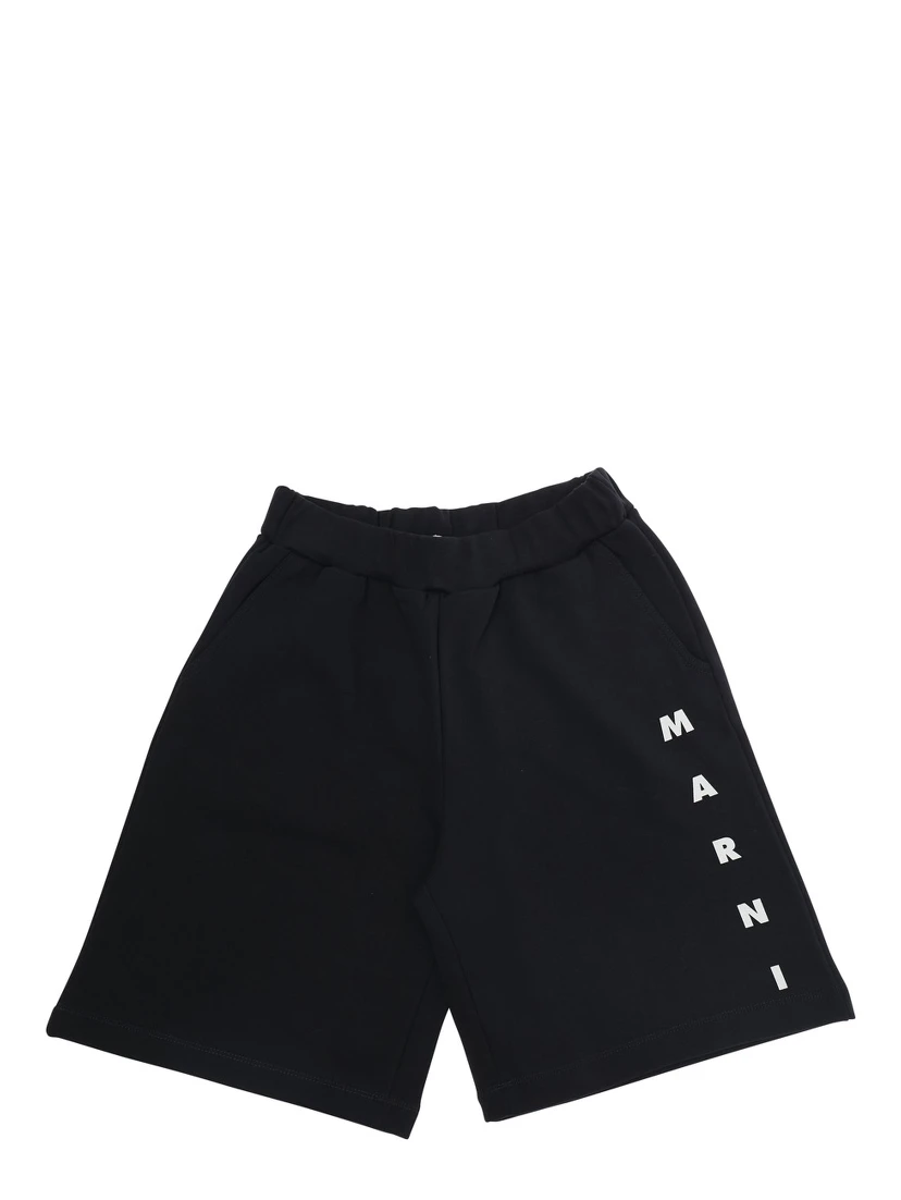 Black Shorts with Elastic Waist and Logo Lettering on the Front in Cotton Boy