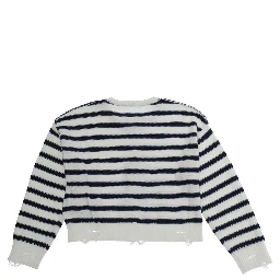 White Crewneck Sweater with Logo Patch on the Front and All-Over Striped Motif in Wool Bend Boy