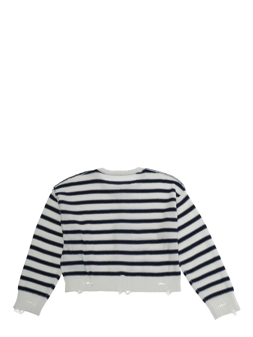 White Crewneck Sweater with Logo Patch on the Front and All-Over Striped Motif in Wool Bend Boy