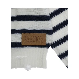 White Crewneck Sweater with Logo Patch on the Front and All-Over Striped Motif in Wool Bend Boy