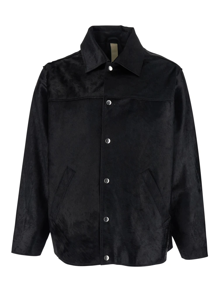Black Jacket with Wide Collar and Dropped Shoulders in Cavallino Leather Man