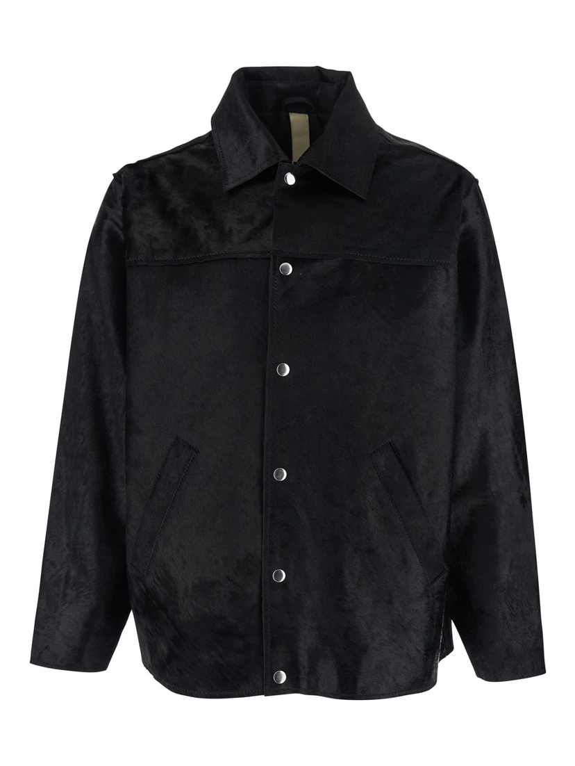 Black Jacket with Wide Collar and Dropped Shoulders in Cavallino Leather Man