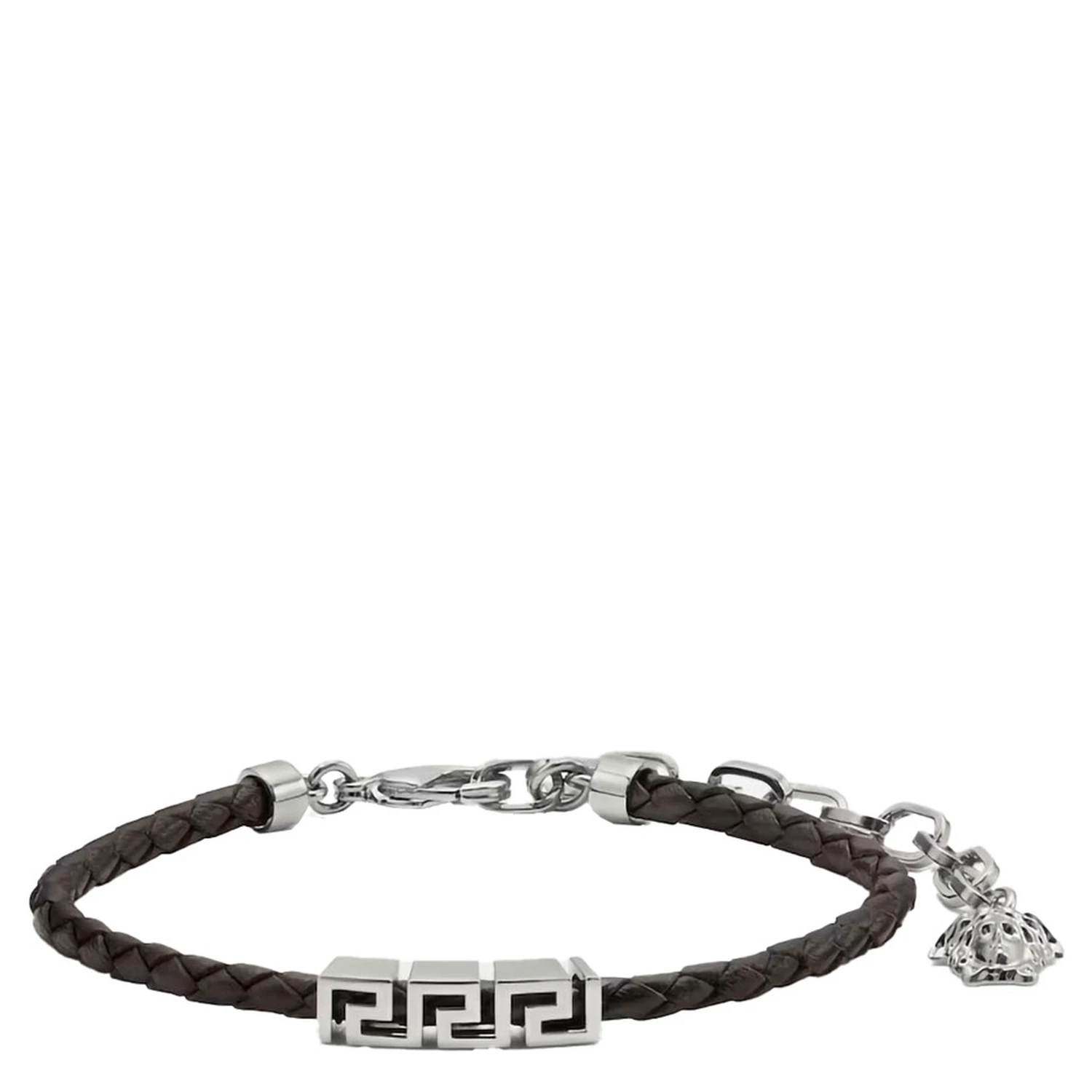 Black Bracelet with Metal Plate and Pendant Detail in Leather Man