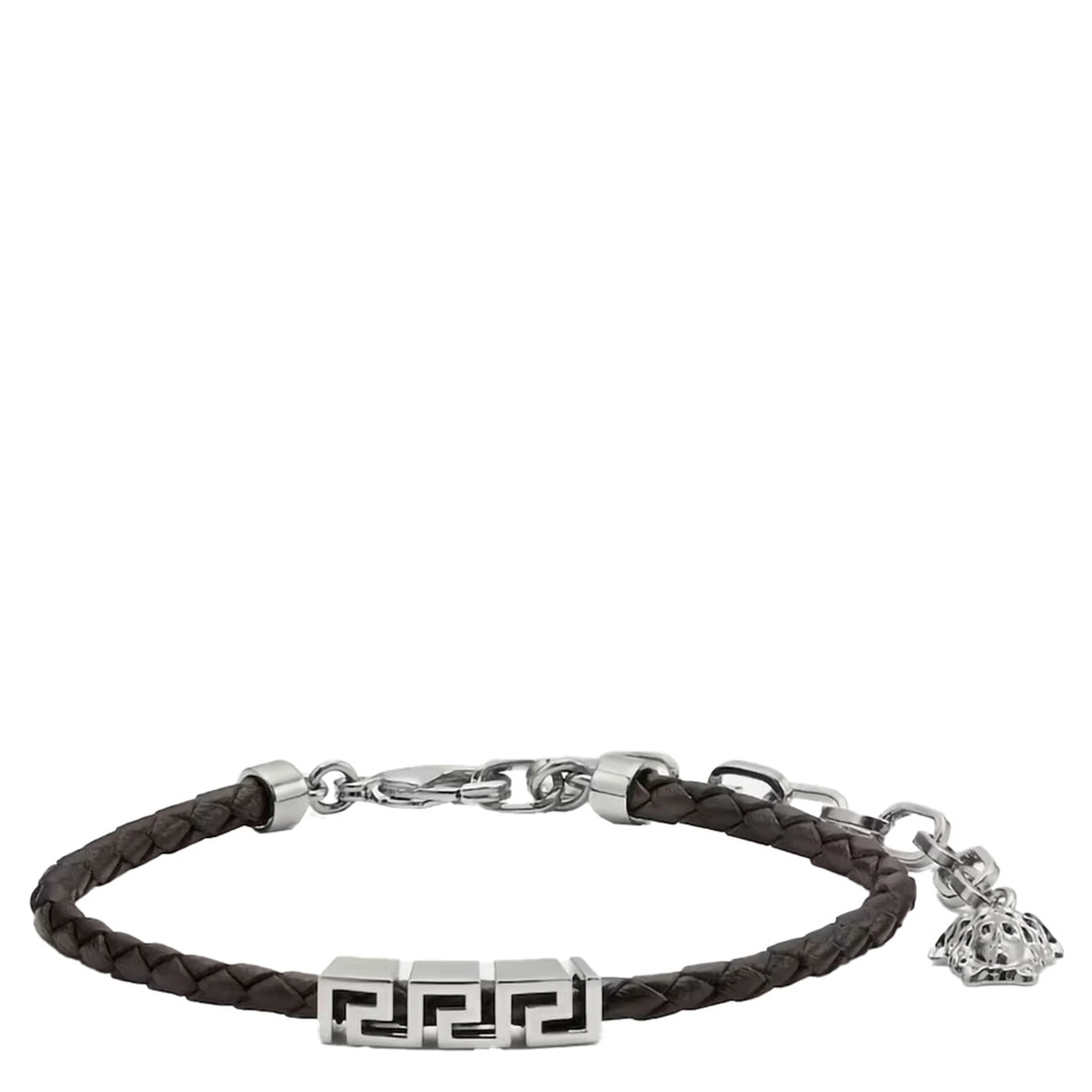 Black Bracelet with Metal Plate and Pendant Detail in Leather Man