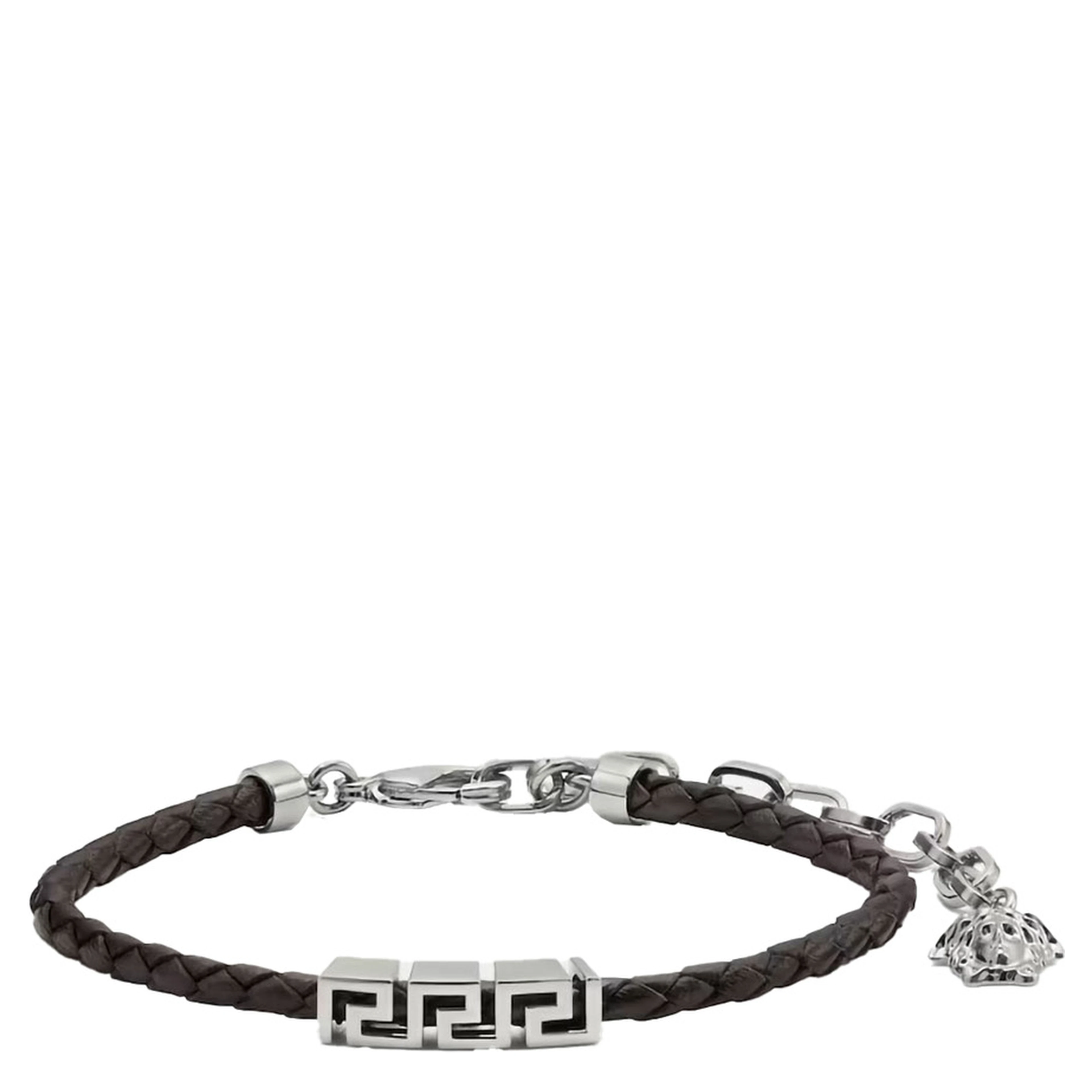 Black Bracelet with Metal Plate and Pendant Detail in Leather Man