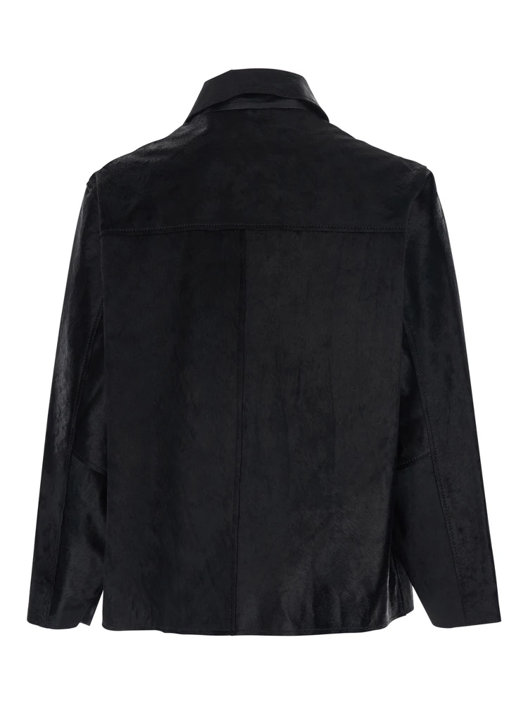 Black Jacket with Wide Collar and Dropped Shoulders in Cavallino Leather Man alternative