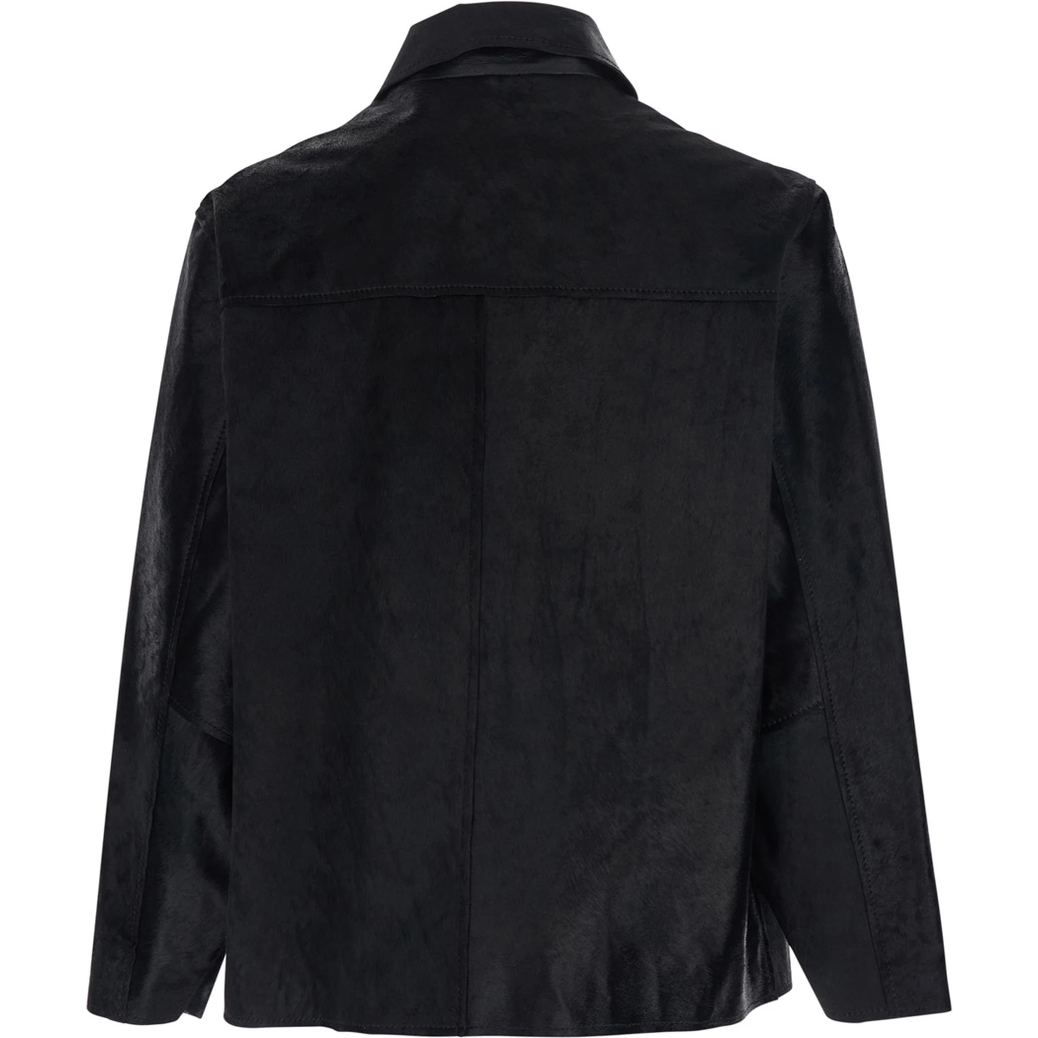 Black Jacket with Wide Collar and Dropped Shoulders in Cavallino Leather Man