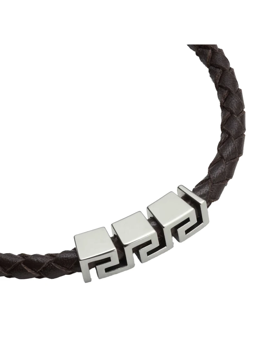 Black Bracelet with Metal Plate and Pendant Detail in Leather Man