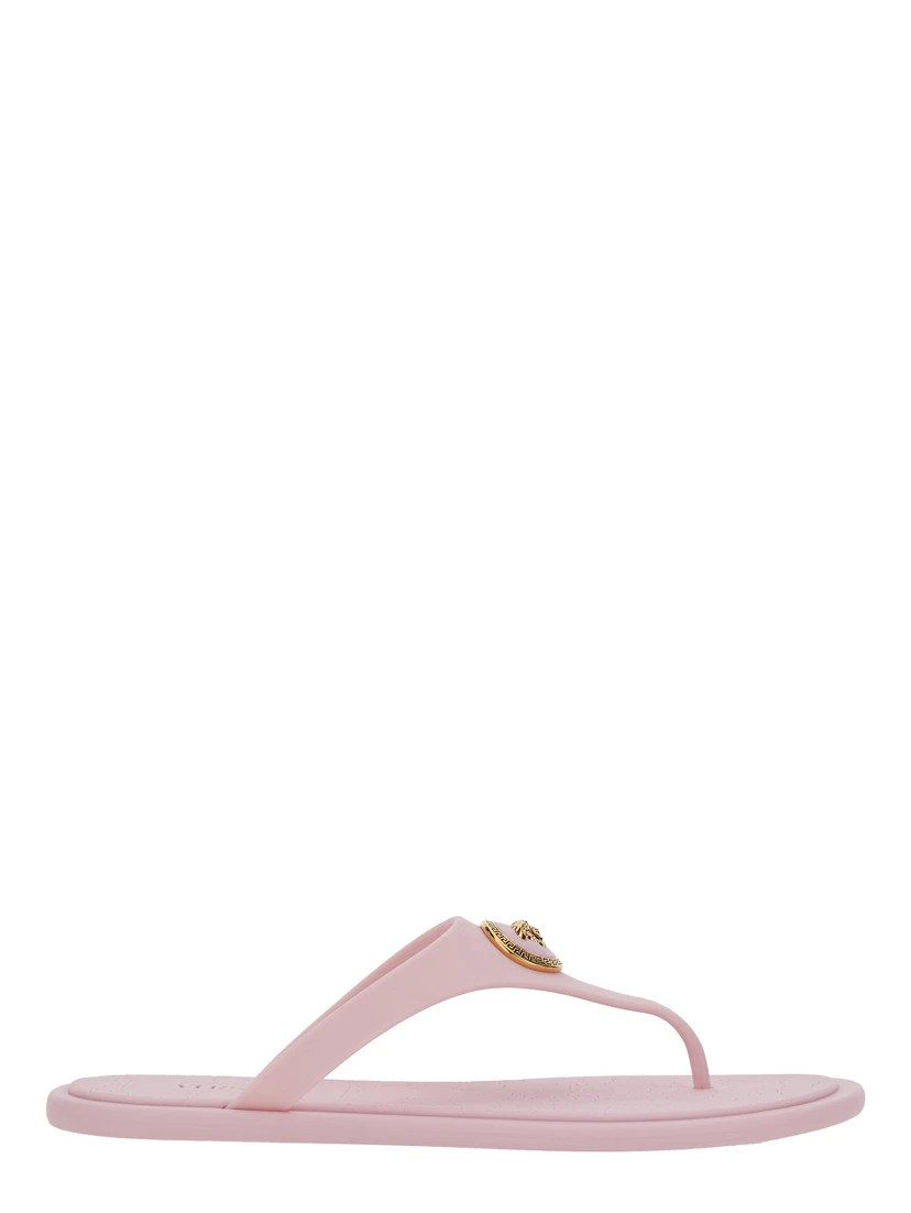 Gianni Ribbon Pink Sandals with Metallic Medusa Head on the Front in Rubber Woman