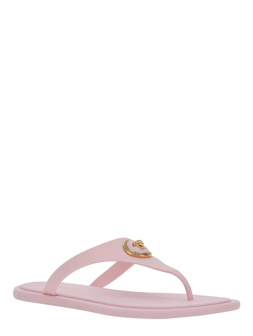 Gianni Ribbon Pink Sandals with Metallic Medusa Head on the Front in Rubber Woman