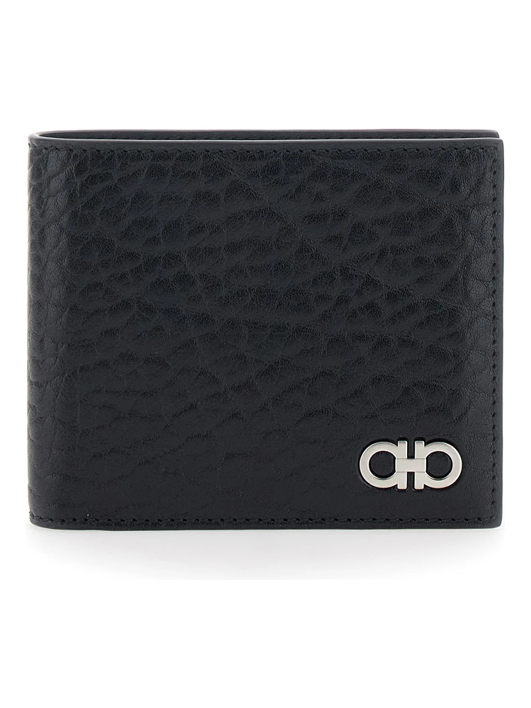 Revival Black Wallet with Gancini Buckle on the Front in Hammered Leather Man