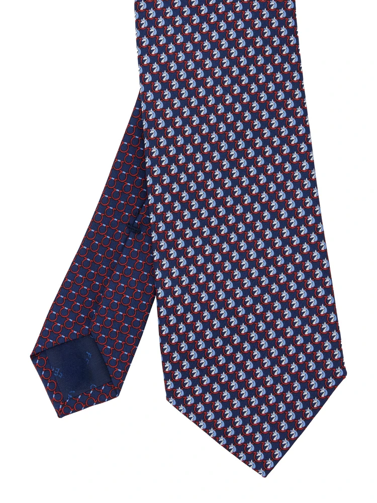 Blue Tie with Rear Tie Closure and All-Over Gancini Print in Silk Man alternative