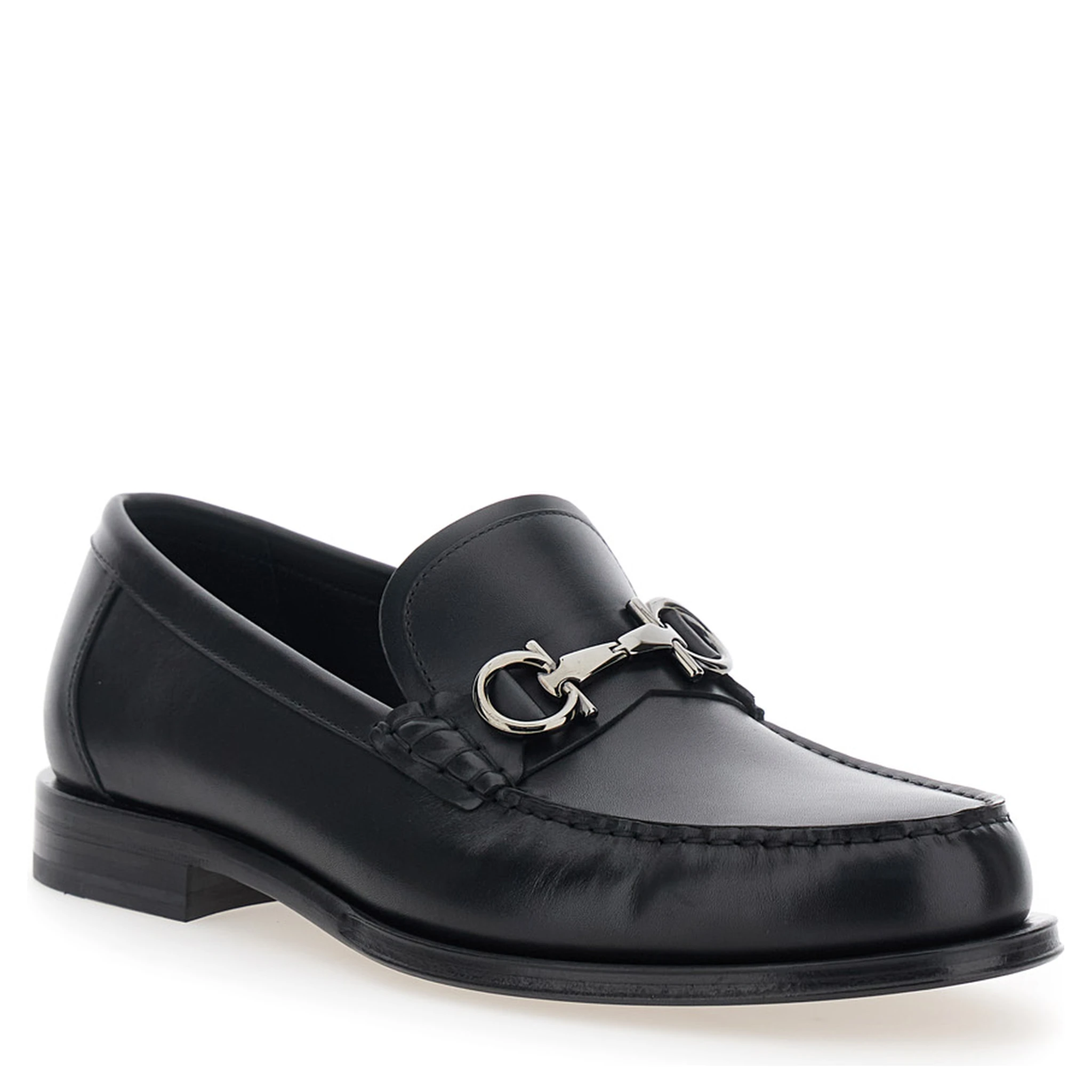 Black Loafers with Metal Ganicini Detail on the Front in Leather Man