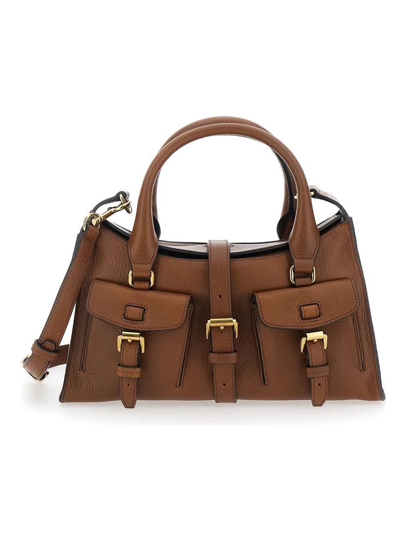 Roxanne Brown Small Handbag with Adjustable and Removable Shoulder Strap and Two Front Pockets in Leather Woman