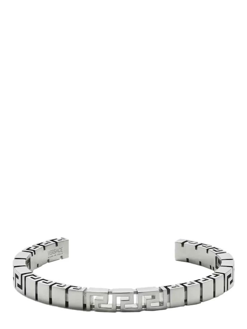 Silver-Colored Bracelet with Greek Motif and Logo Lettering Debossed in Brass Man