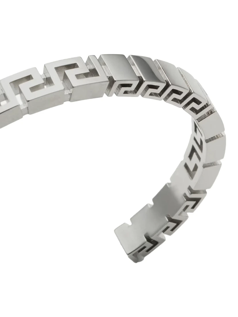 Silver-Colored Bracelet with Greek Motif and Logo Lettering Debossed in Brass Man