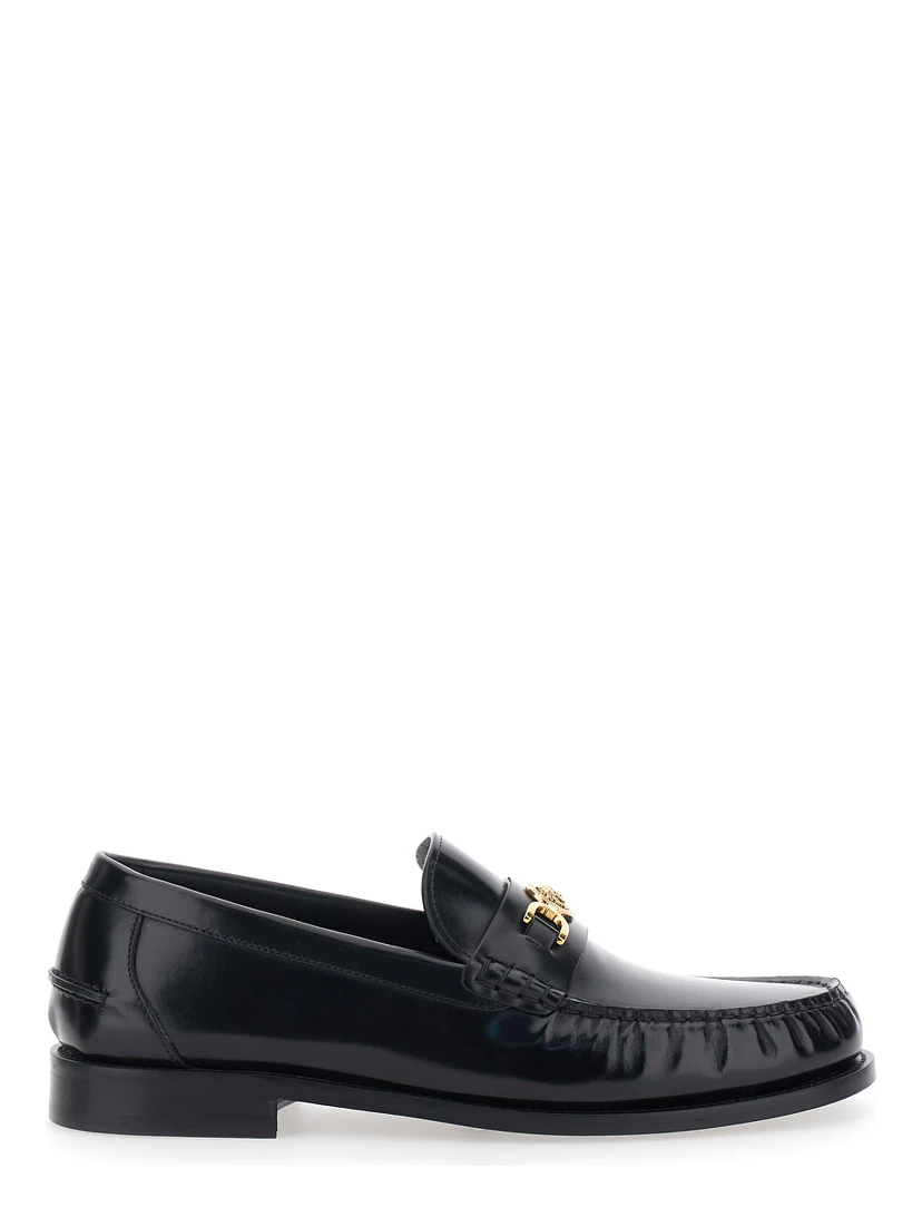Black Loafers with Metallic Medusa Head Detail in Leather Man