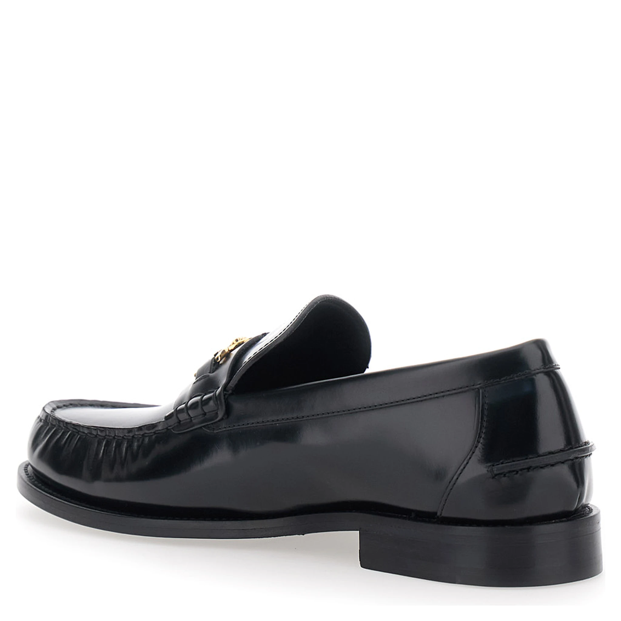 Black Loafers with Metallic Medusa Head Detail in Leather Man