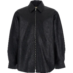 جاكيت أسود بياقة كلاسيكية وتأثير مجعد من الجلد للرجال