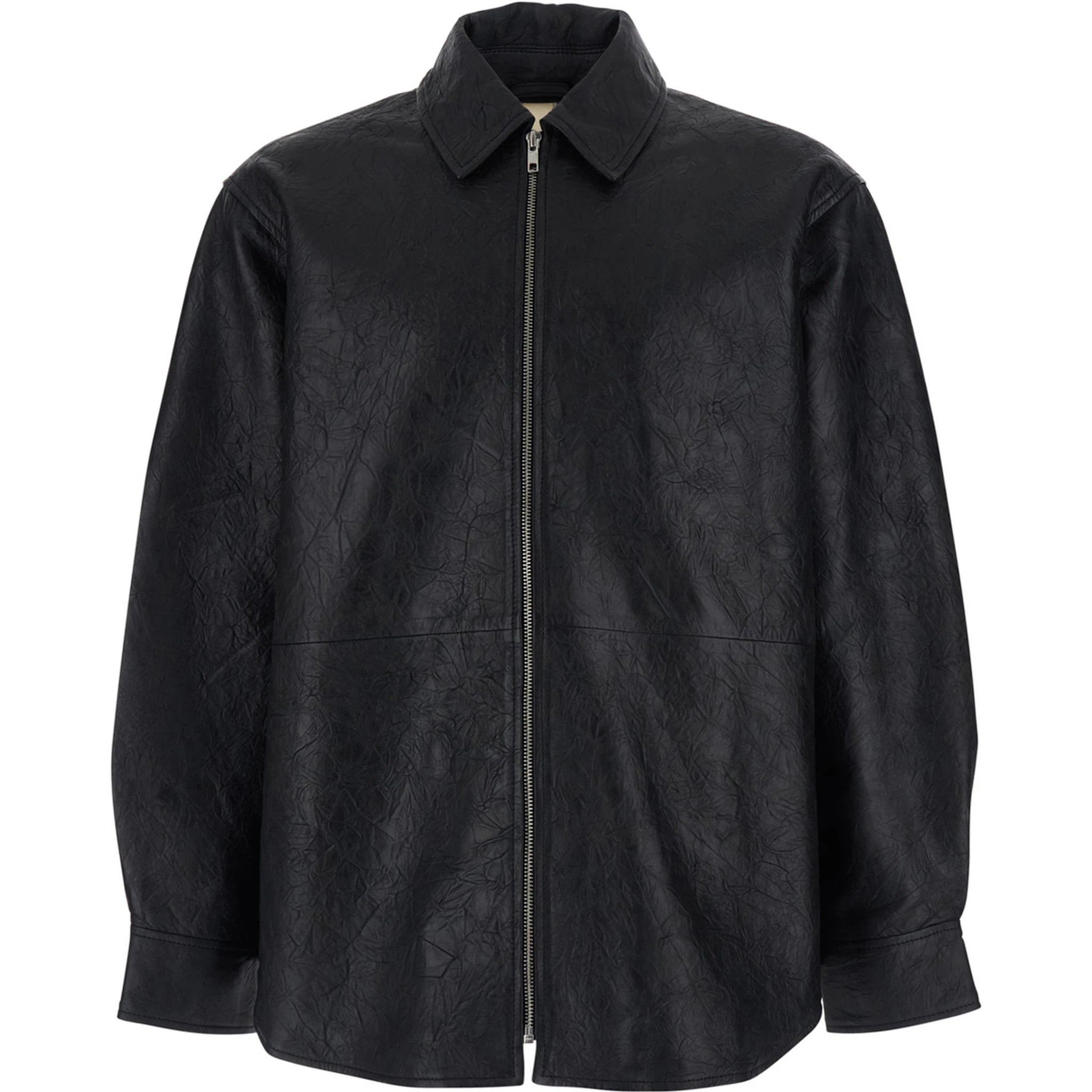 جاكيت أسود بياقة كلاسيكية وتأثير مجعد من الجلد للرجال