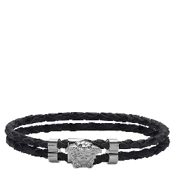 Black Bracelet with Metallic Medusa Head Plate in Leather Man