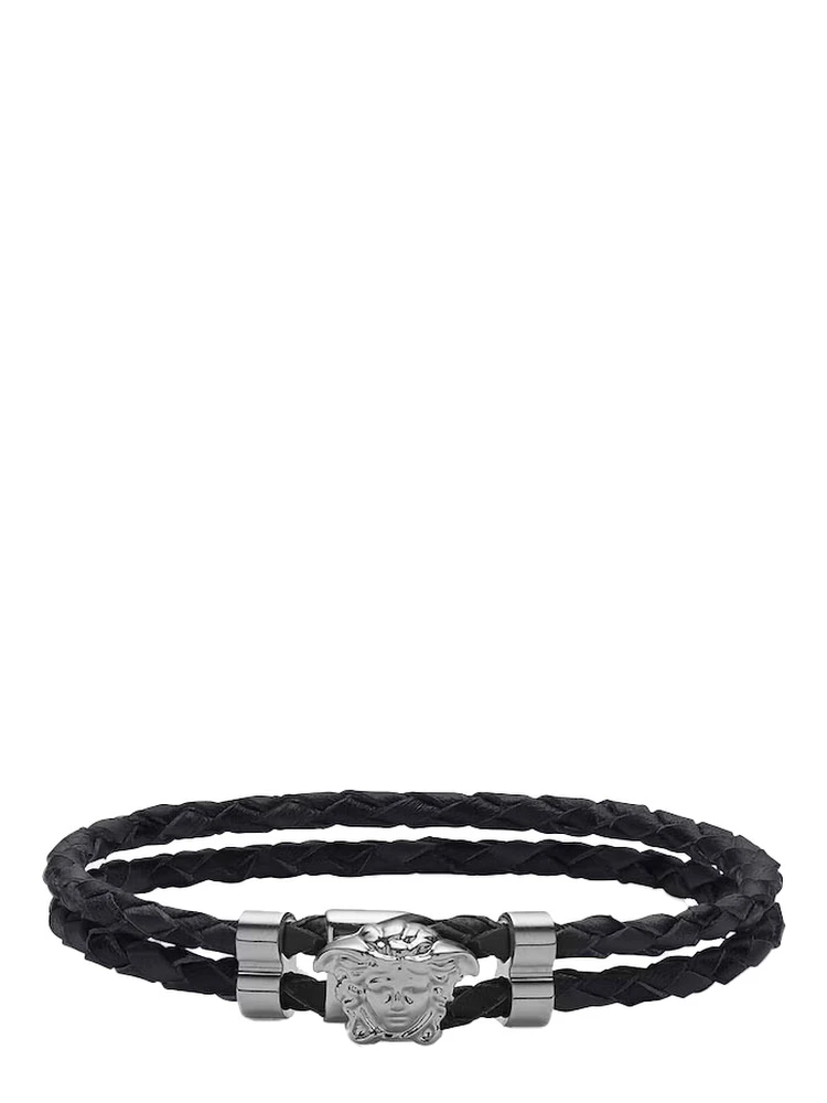 Black Bracelet with Metallic Medusa Head Plate in Leather Man