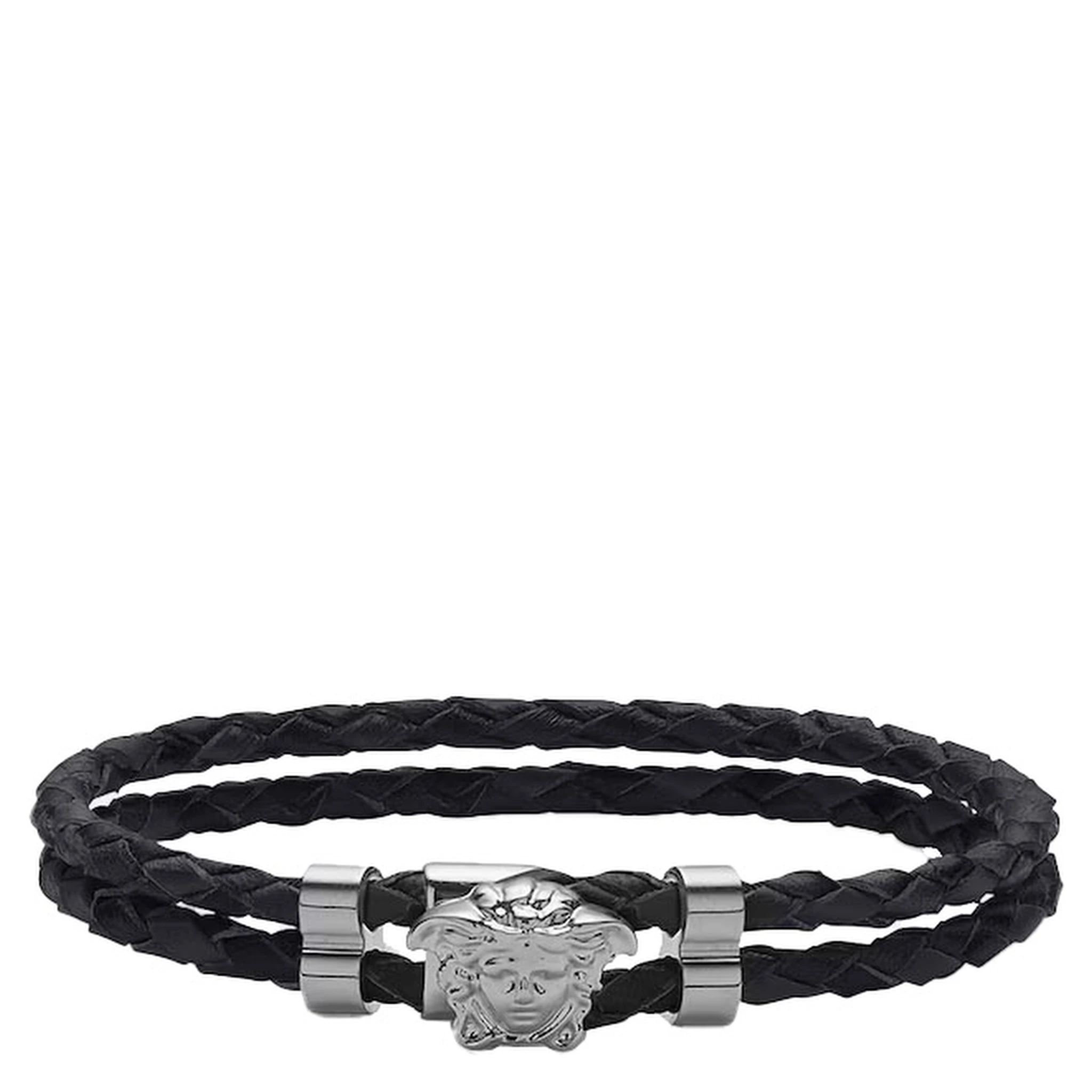Black Bracelet with Metallic Medusa Head Plate in Leather Man