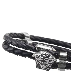 Black Bracelet with Metallic Medusa Head Plate in Leather Man