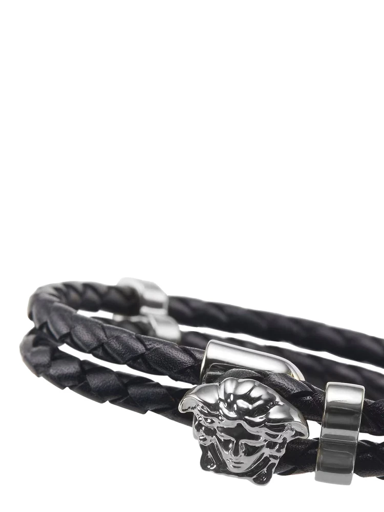Black Bracelet with Metallic Medusa Head Plate in Leather Man alternative