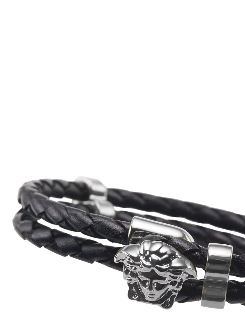 Black Bracelet with Metallic Medusa Head Plate in Leather Man