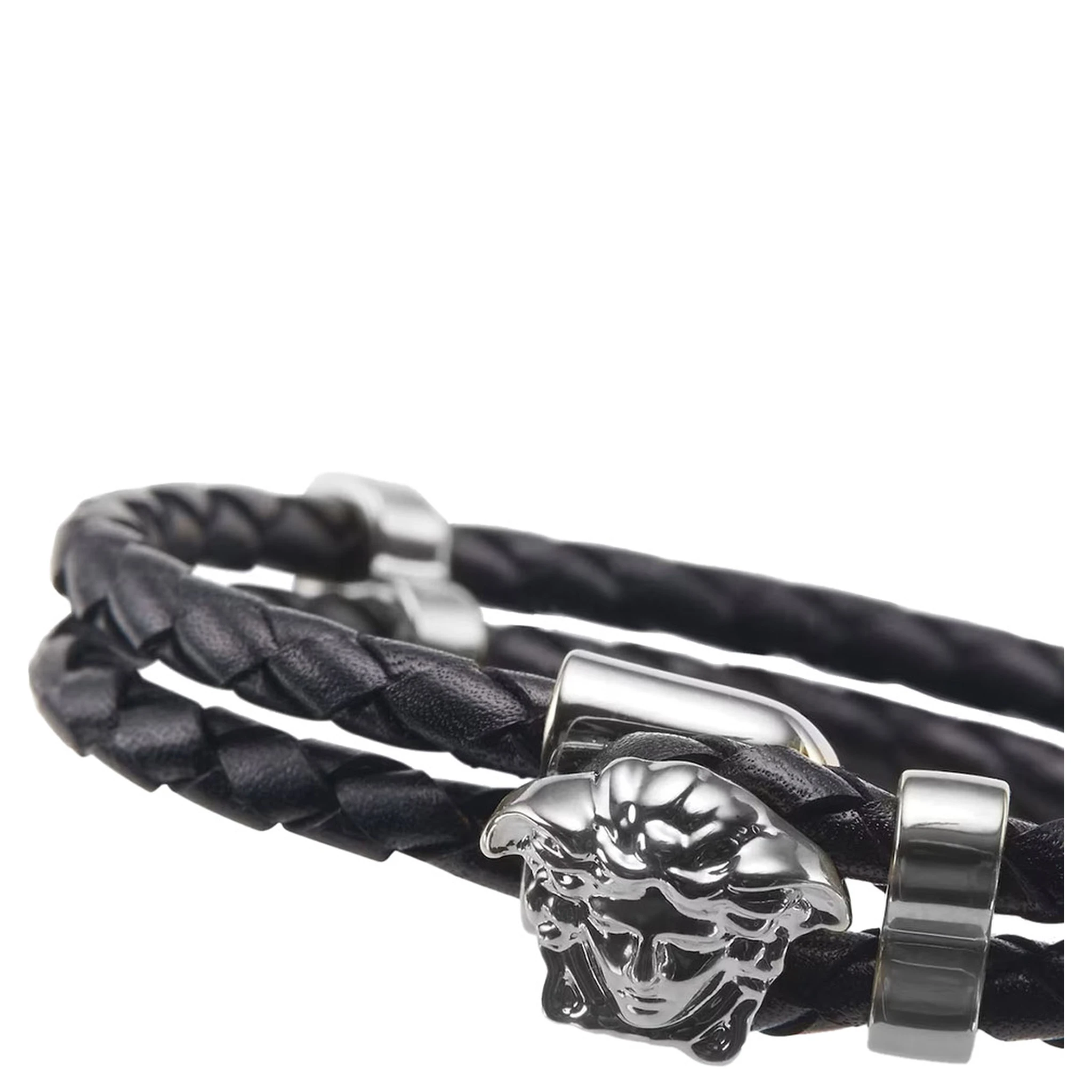Black Bracelet with Metallic Medusa Head Plate in Leather Man