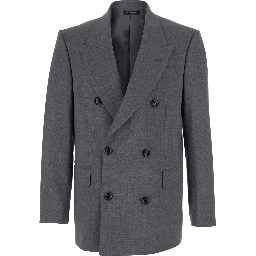 Grey Double-Breasted Jacket with Peak Lapels in Wool Man