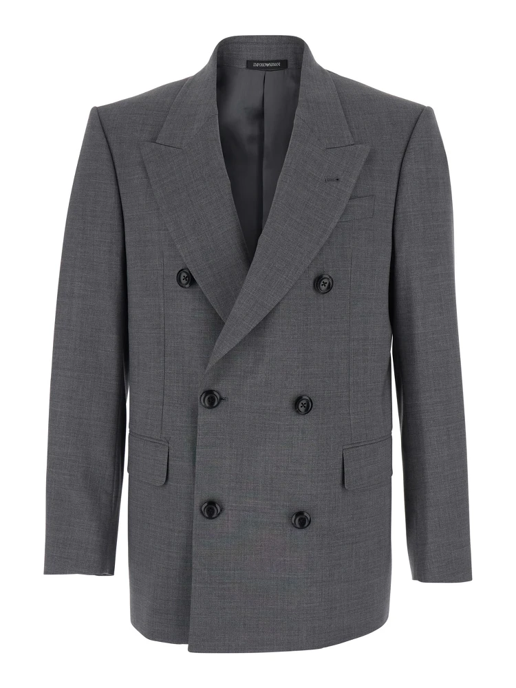 Grey Double-Breasted Jacket with Peak Lapels in Wool Man