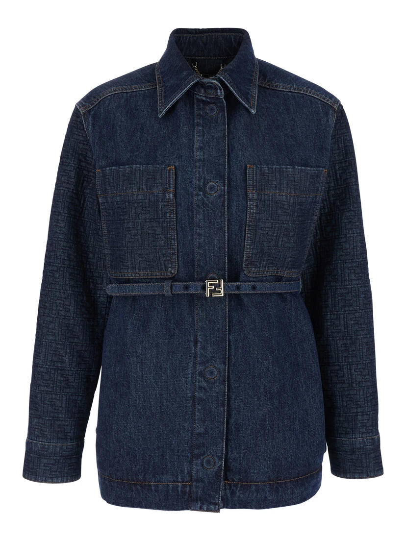 Blue Jacket with Pointed Collar and Waist Belt with FF Plaque in Denim Woman