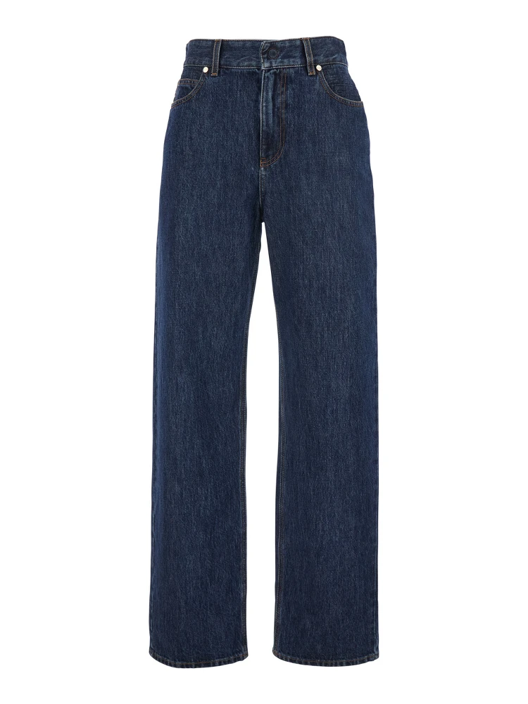 Blue Five-Pocket Jeans with Logo Patch on the Back in Denim Woman