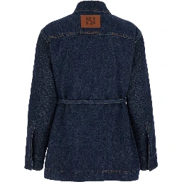 Blue Jacket with Pointed Collar and Waist Belt with FF Plaque in Denim Woman