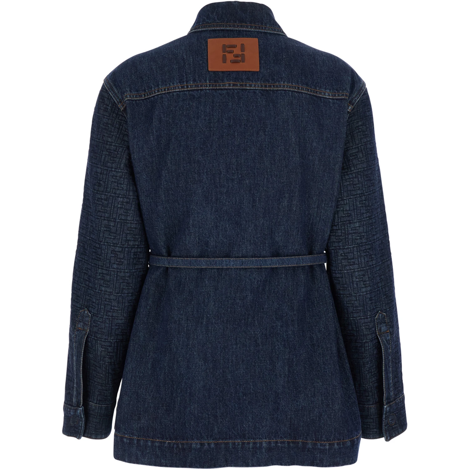 Blue Jacket with Pointed Collar and Waist Belt with FF Plaque in Denim Woman