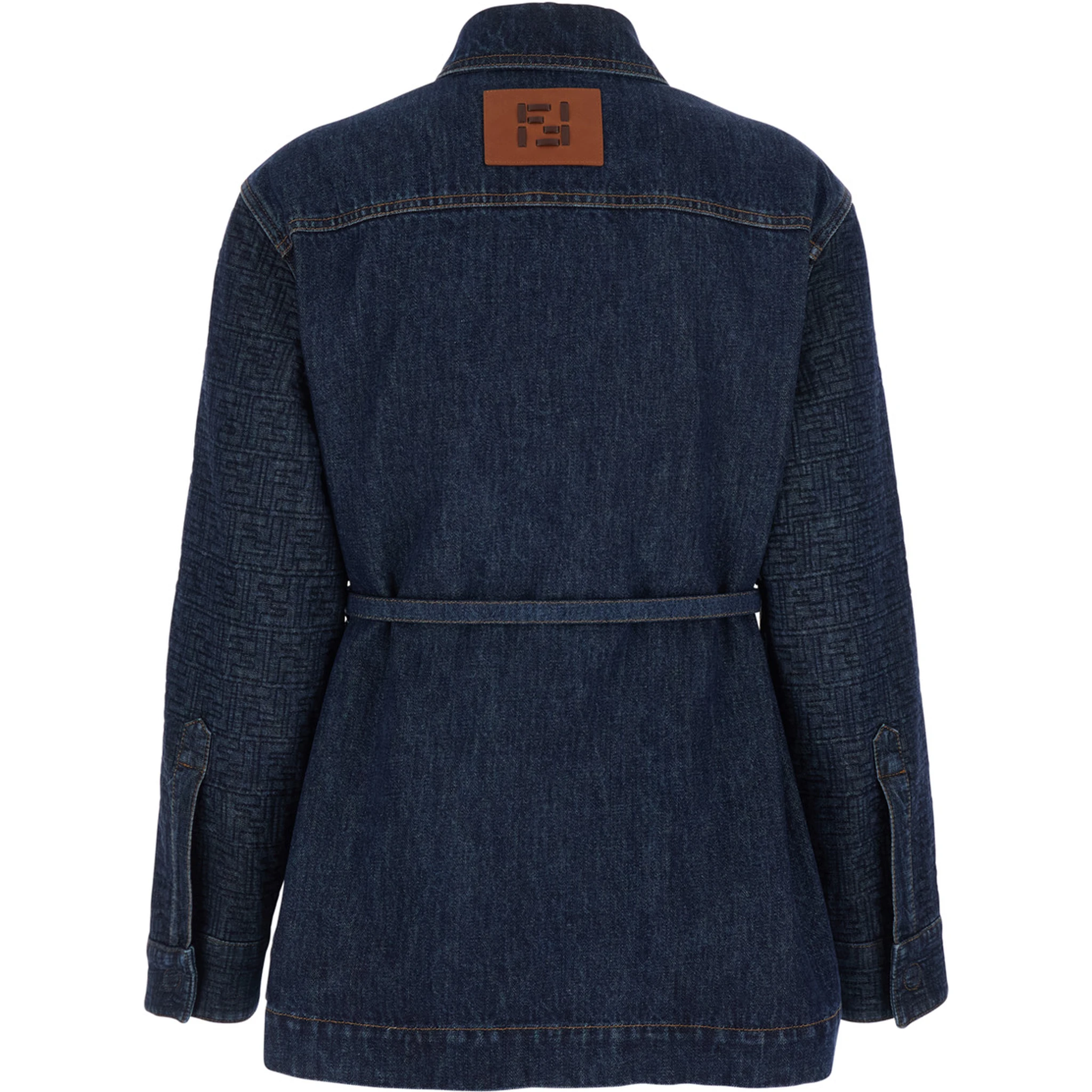 Blue Jacket with Pointed Collar and Waist Belt with FF Plaque in Denim Woman
