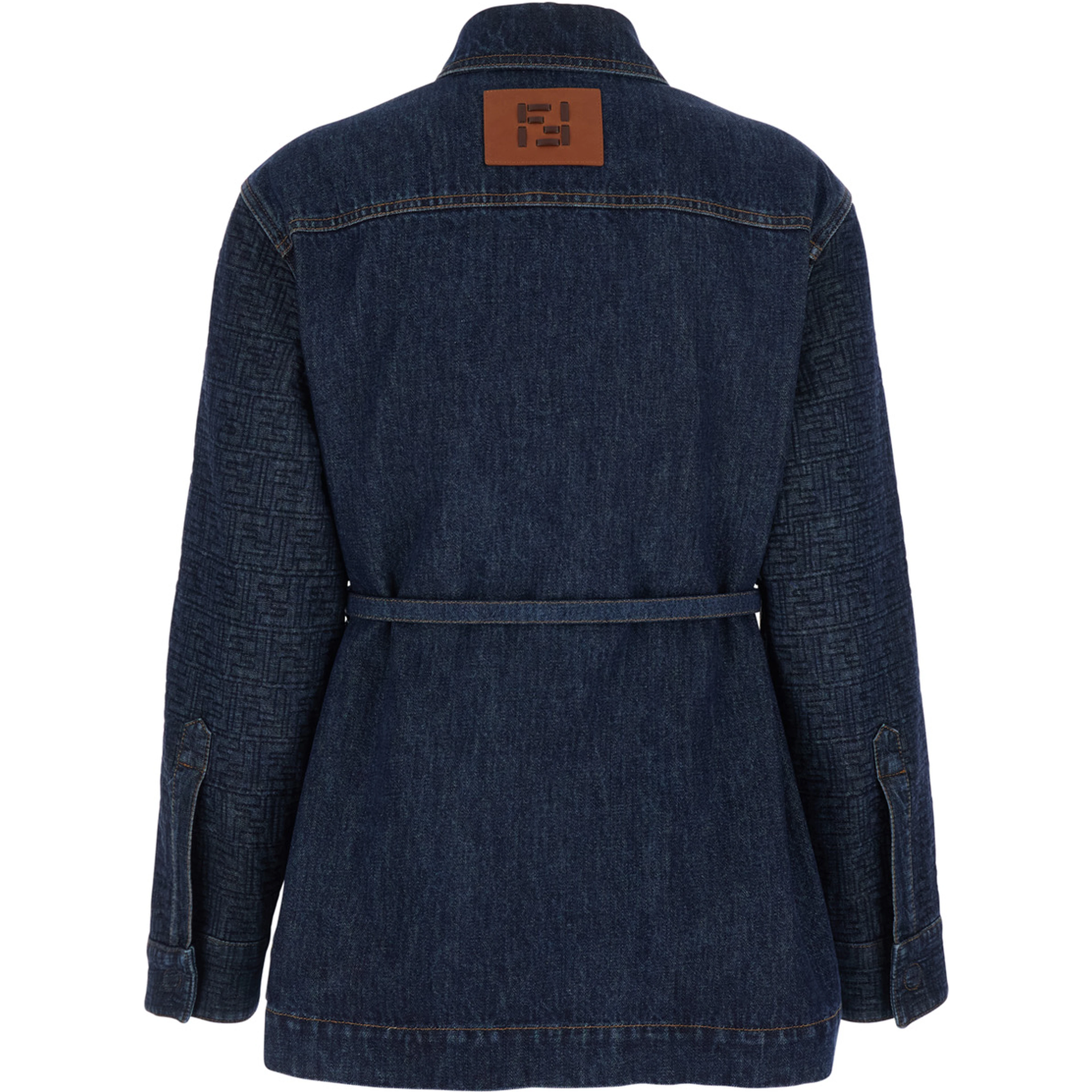Blue Jacket with Pointed Collar and Waist Belt with FF Plaque in Denim Woman