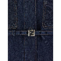 Blue Jacket with Pointed Collar and Waist Belt with FF Plaque in Denim Woman